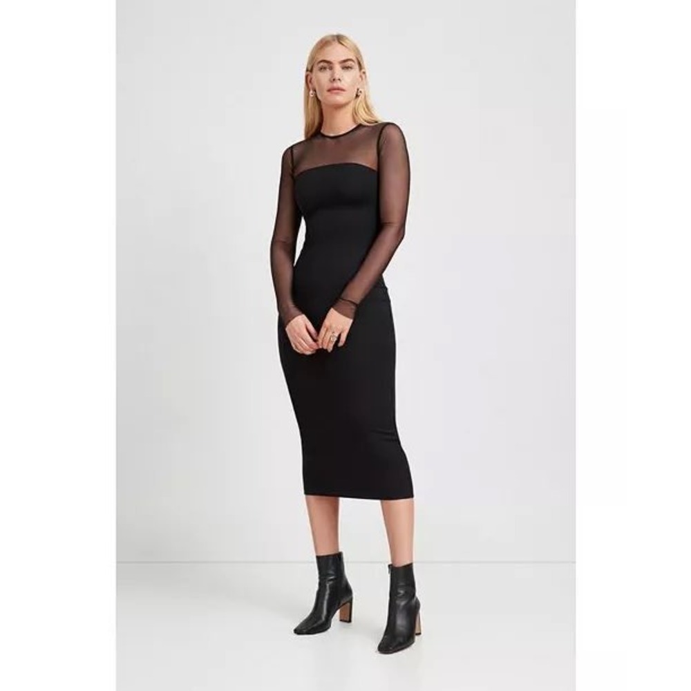 Marcella Maite Sheer Mesh Long-Sleeve Fitted Cocktail Midi Dress Black Medium